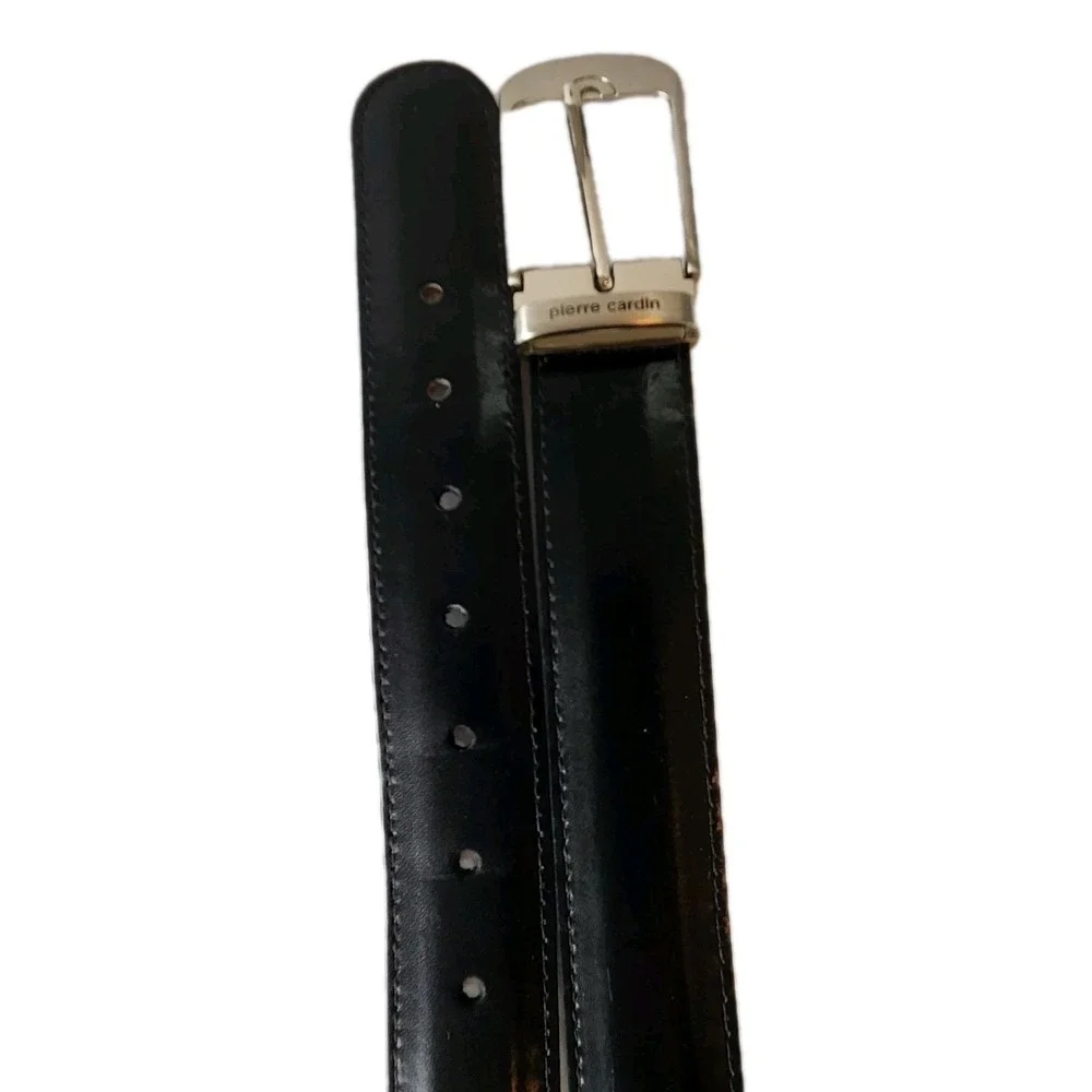 Pierre Cardin Belt Mens 40 Smooth Black Leather Dress Silver Buckle Classic City